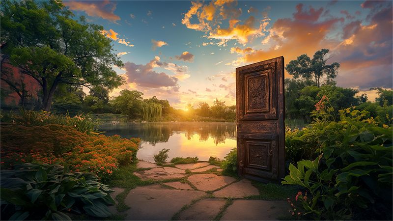 Puerta de madera en medio de un jardín junto a un lago, al atardecer