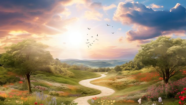 Camino que serpentea entre flores hacia un cielo luminoso con pájaros