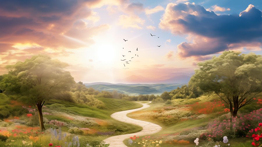 Camino que serpentea entre flores hacia un cielo luminoso con pájaros
