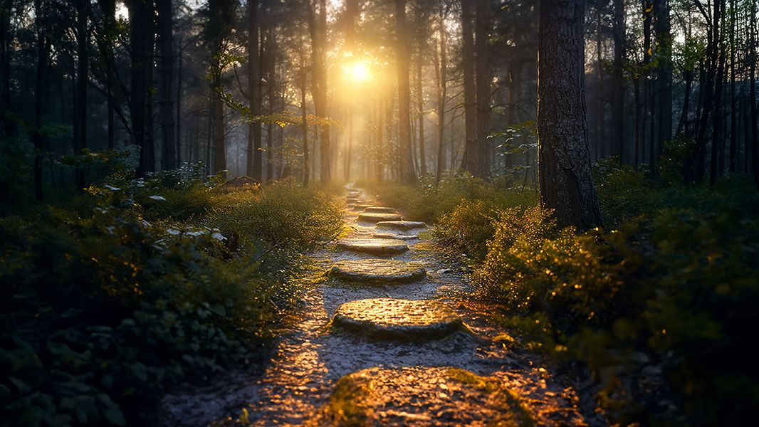 Camino de piedras que atraviesa un bosque hacia la luz