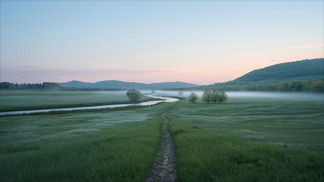 Sendero que cruza una pradera con niebla al amanecer