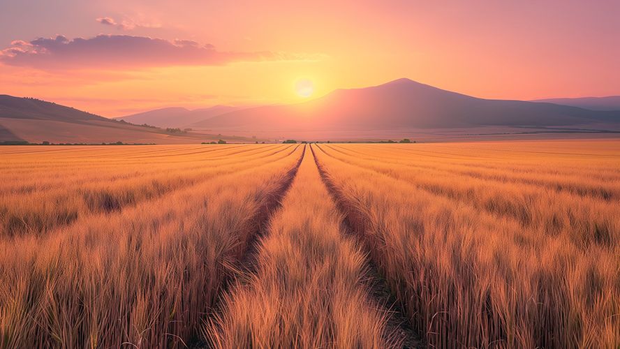 Campo de trigo al atardecer con montañas al fondo