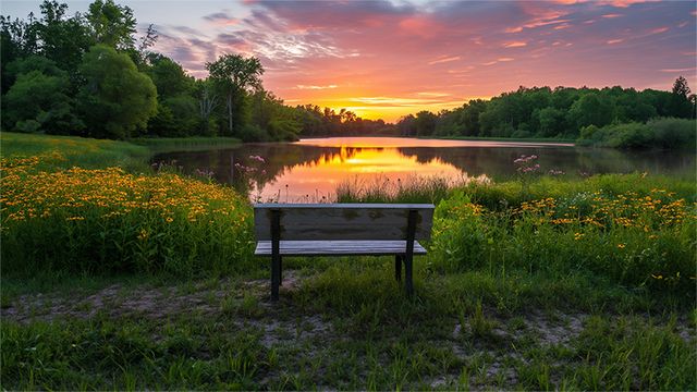Banco frente a un lago rodeado de flores, al atardecer