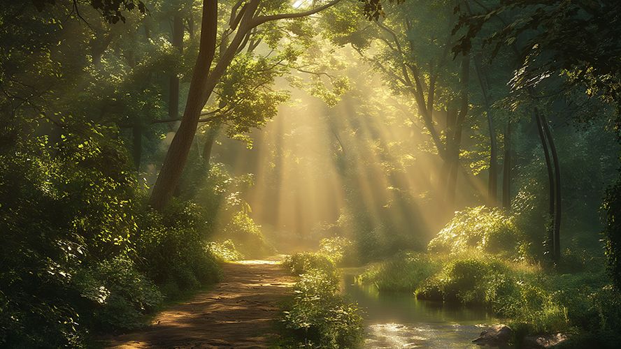 Rayos de sol que atraviesan un bosque sobre un arroyo