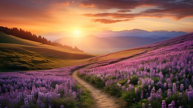 Colinas cubiertas de flores violetas y un sendero al atardecer