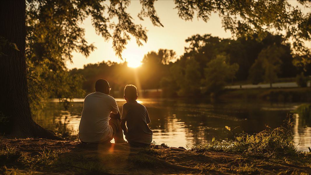 Dos personas sentadas a la orilla de un río en el bosque, al atardecer