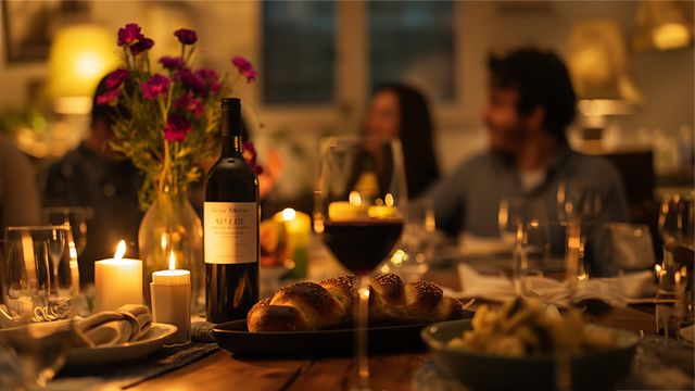 Mesa de Shabat con velas encendidas, pan y vino, y personas que comparten la cena