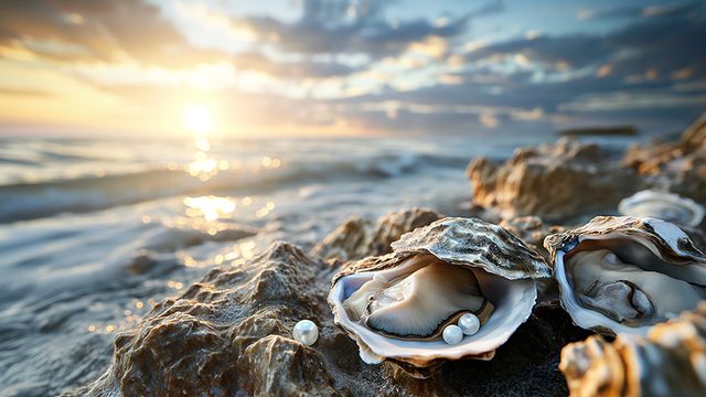 Ostras abiertas con perlas sobre las rocas, junto al mar al atardecer