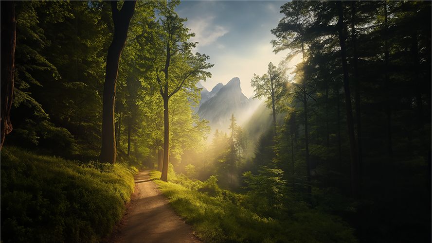 Sendero en un bosque de montaña con rayos de sol entre los árboles
