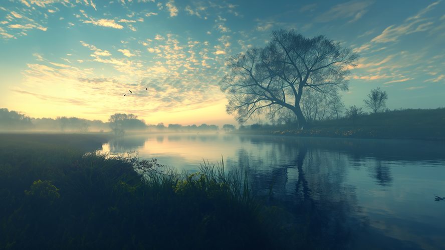 Lago en calma que refleja un árbol solitario al amanecer